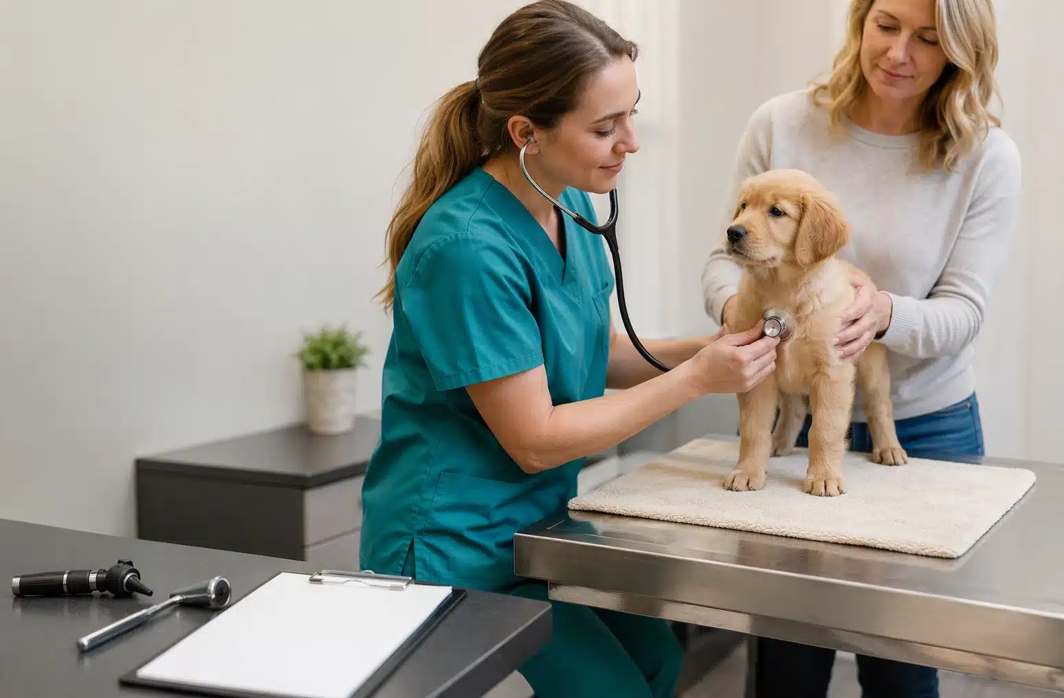 Veterinarian performing cardiac screening on a puppy