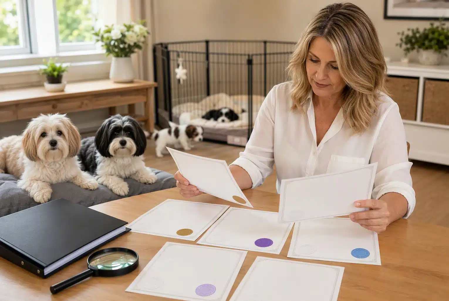 Breeder reviewing OFA certificates with parent Havanese dogs