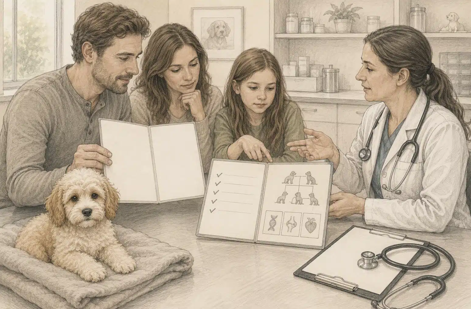 Veterinarian reviewing Havapoo health records with breeders