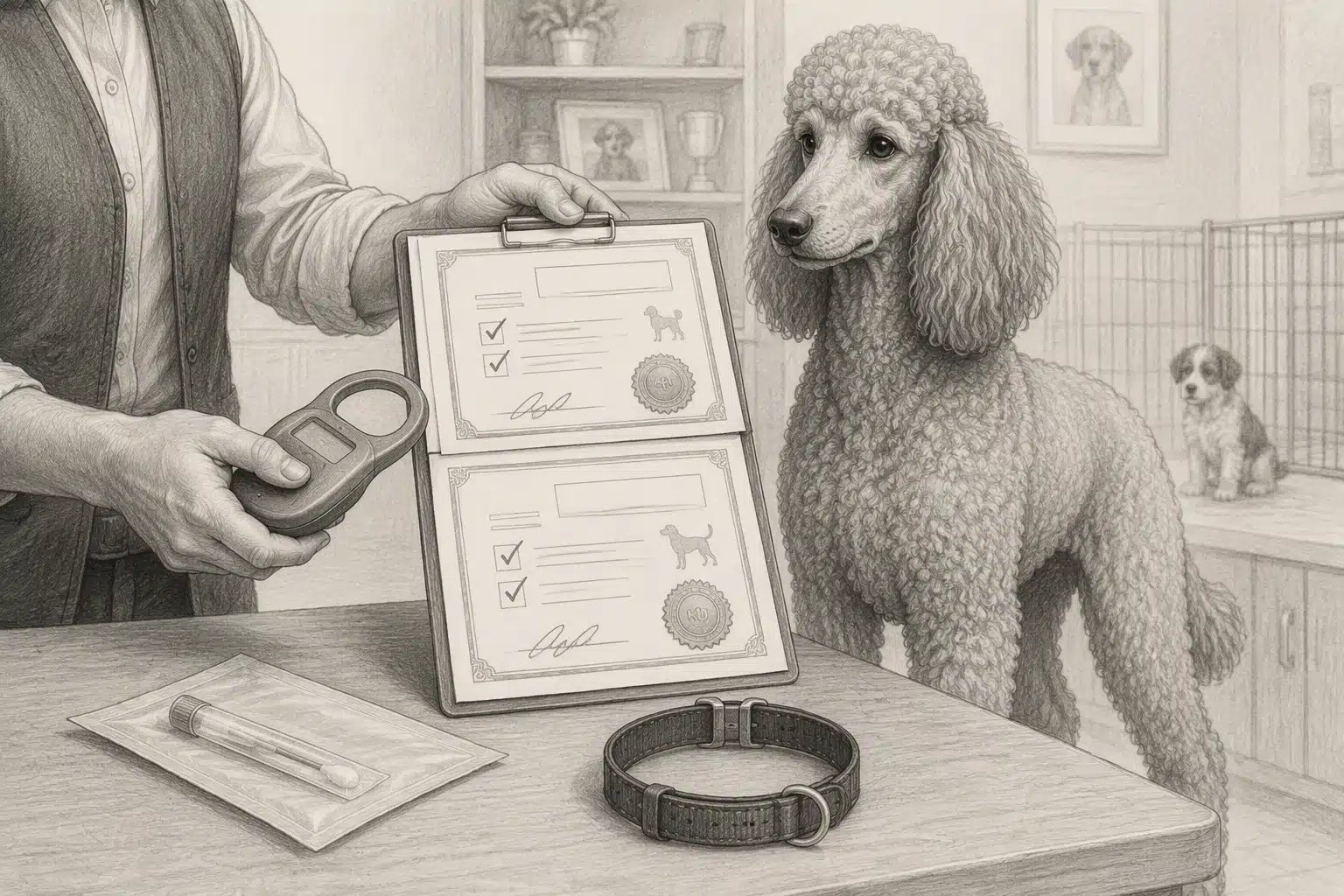 Breeder reviewing Poodle parent health records with scanner and certificates