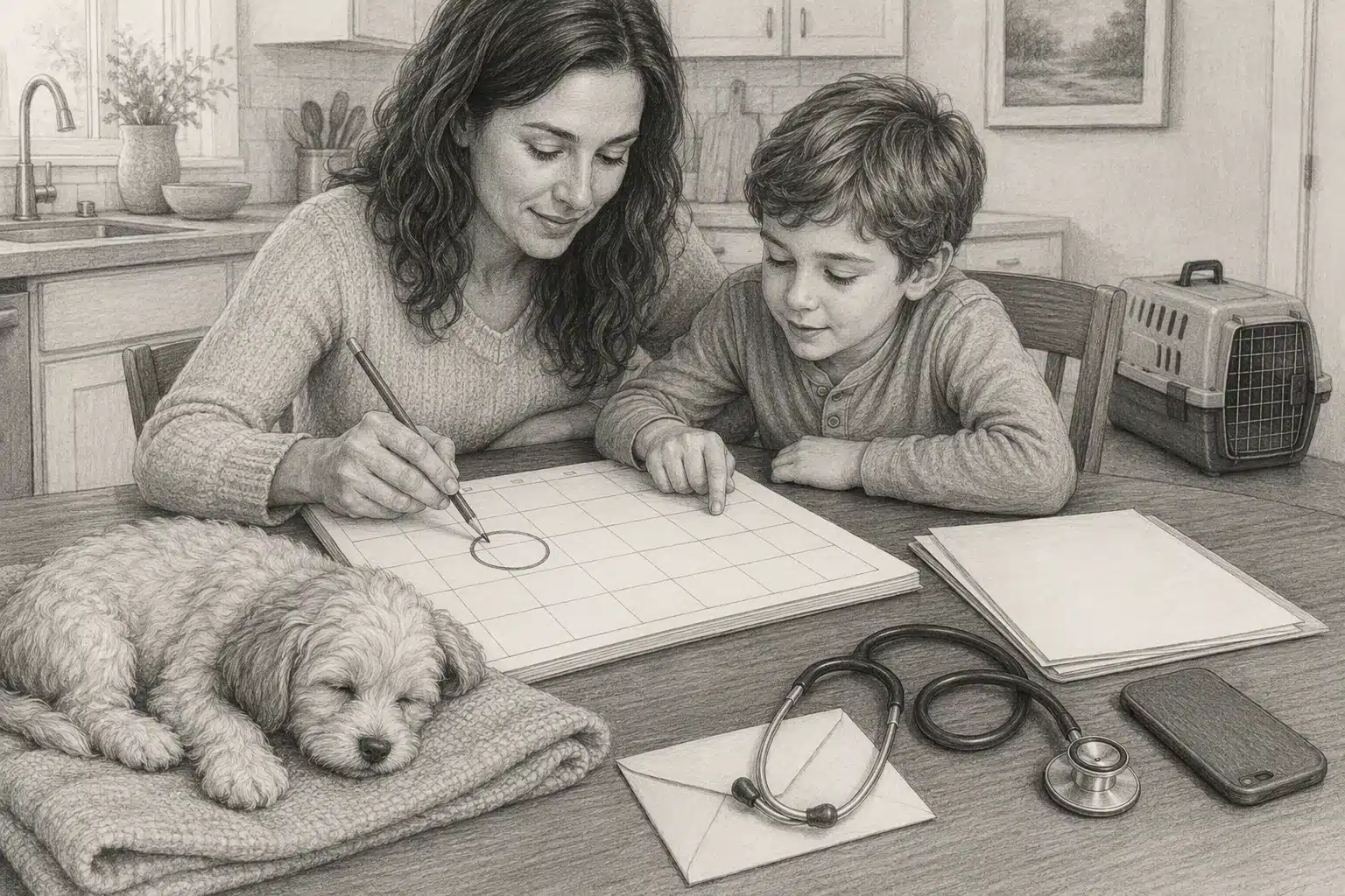 Family marks puppy vet exam deadline on kitchen calendar