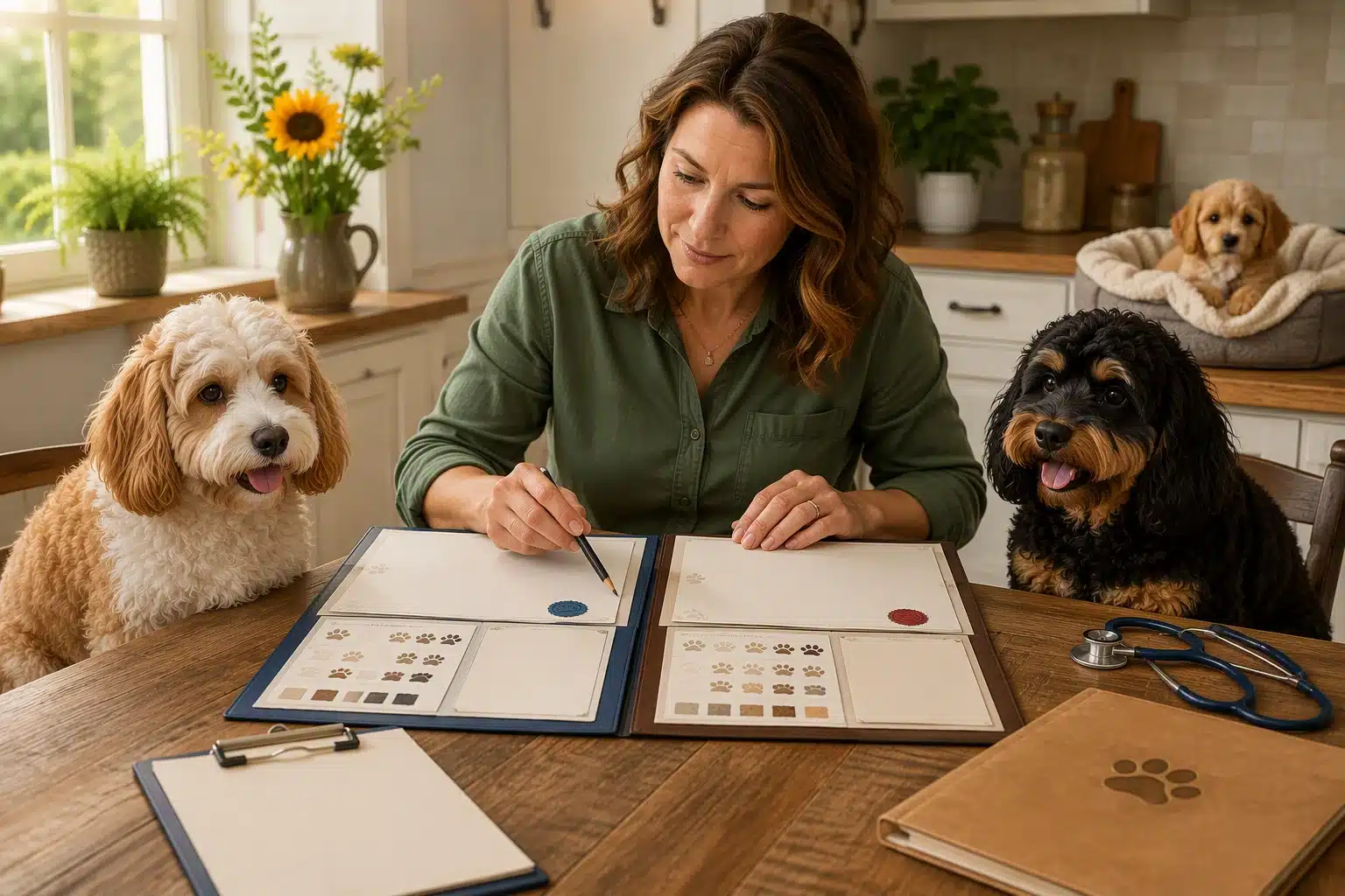 Breeder analyzing Cavapoo pedigree charts at kitchen table