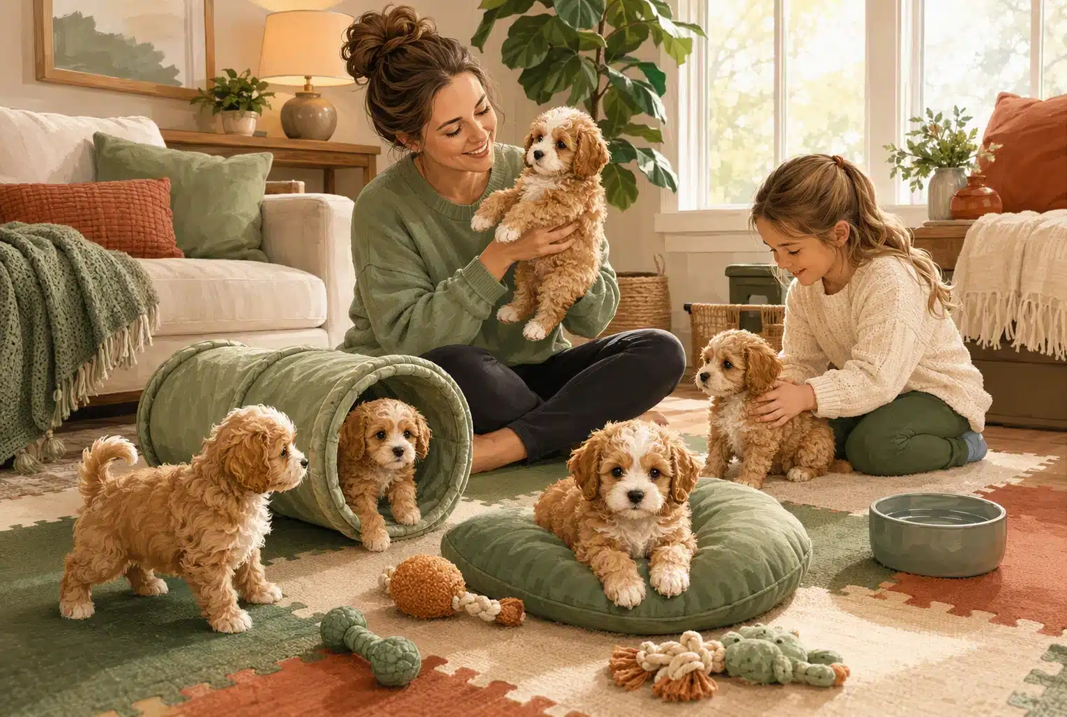 Gentle socialization of Cavapoos in a bright home setting