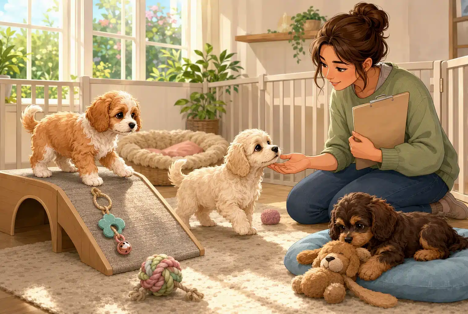 Breeder observes three Cavapoo puppies interacting with toys in a bright nursery