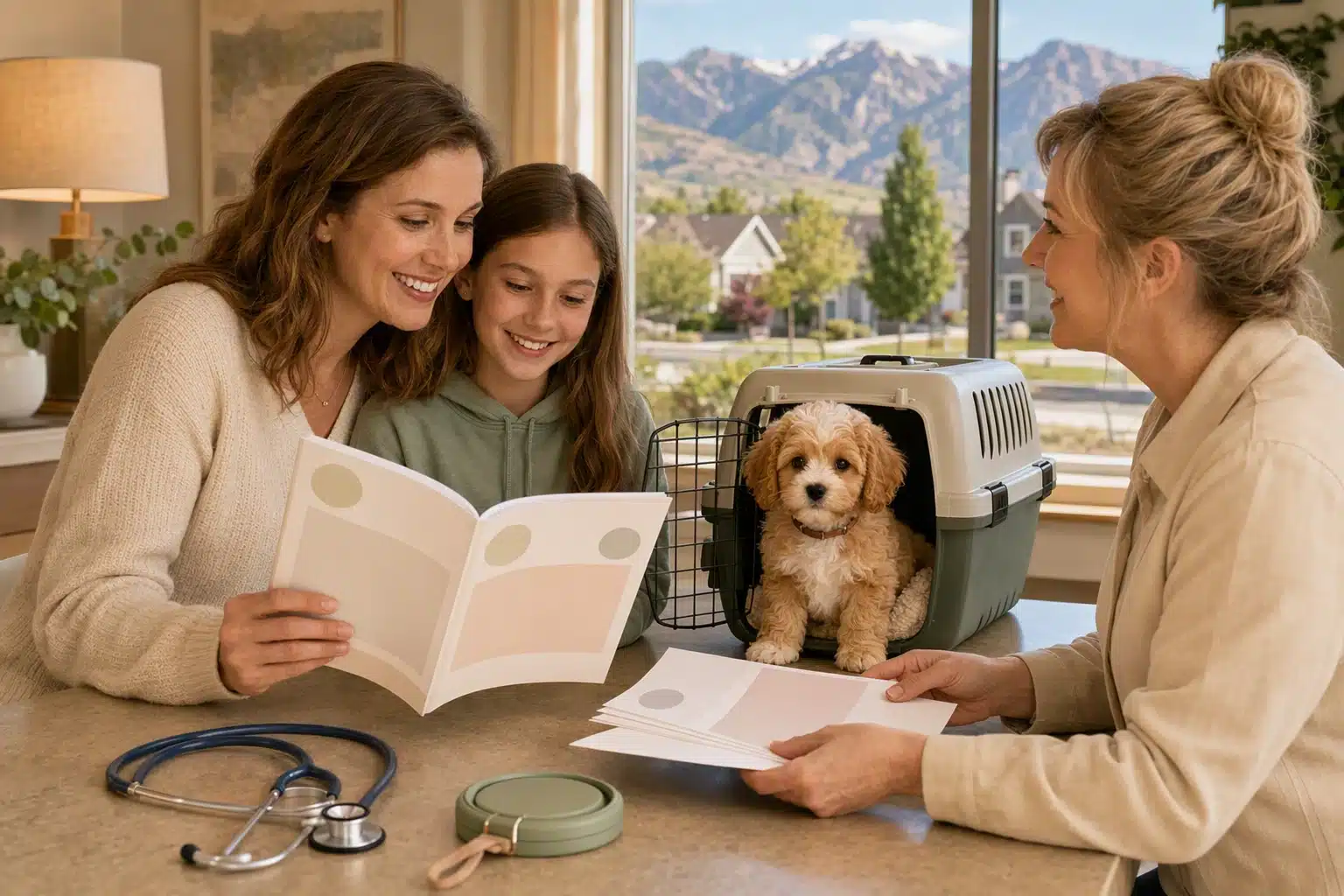 Family reviewing puppy health documents by carrier
