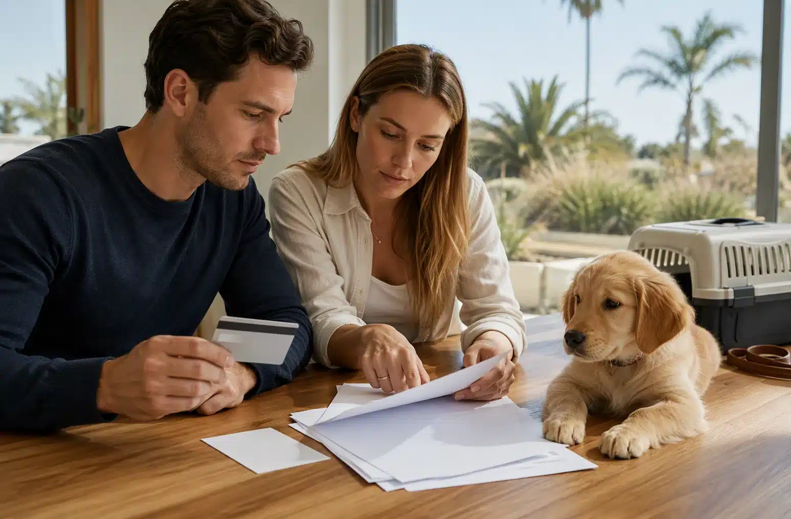 Couple reviewing puppy contract at California dining table
