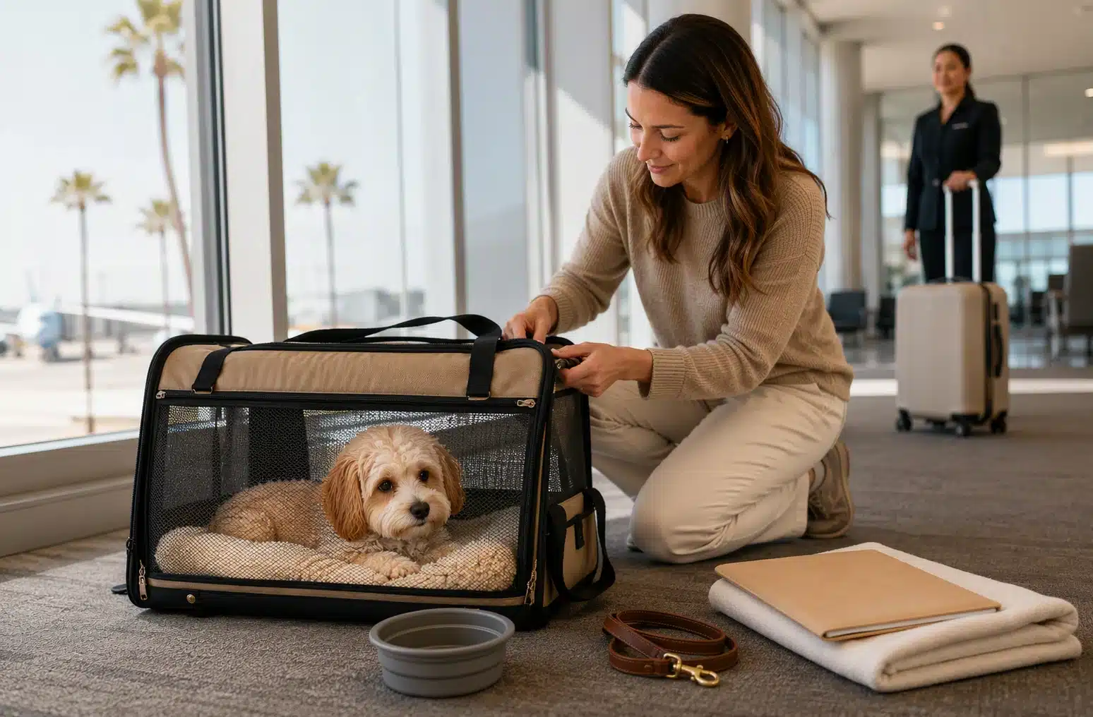 Havapoo in secure carrier at airport handoff