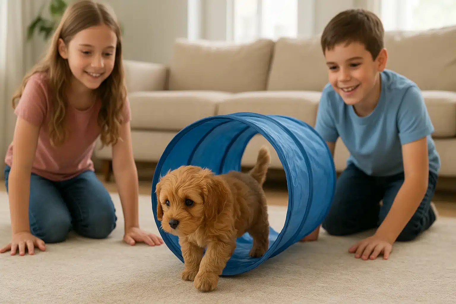 Cavapoo puppy exploring a play tunnel with children in a bright family room