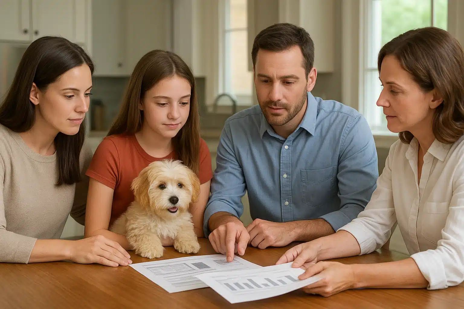 Breeder and family reviewing health certificates at kitchen table