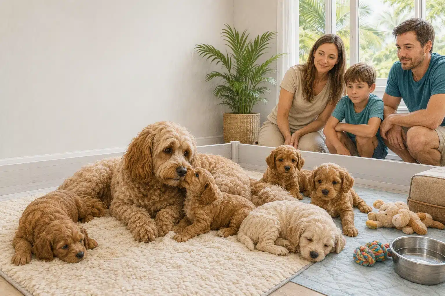 Family examines Cavapoo puppies with mother in Florida nursery