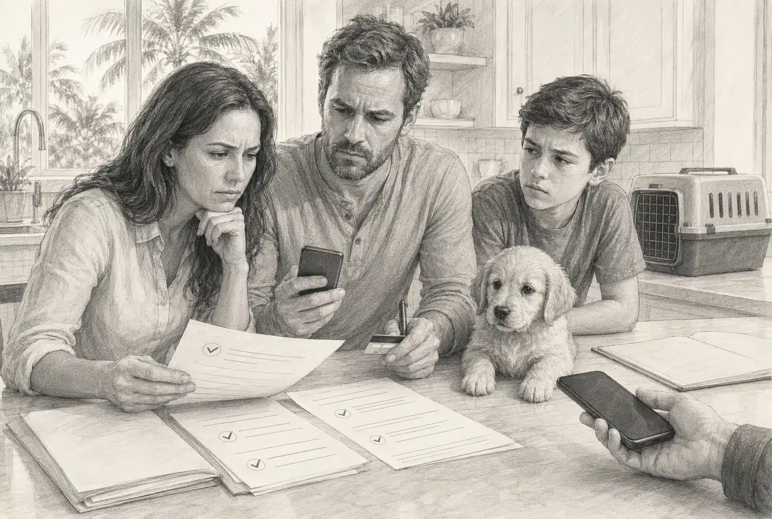 Family reviewing payment terms and puppy records at a kitchen table