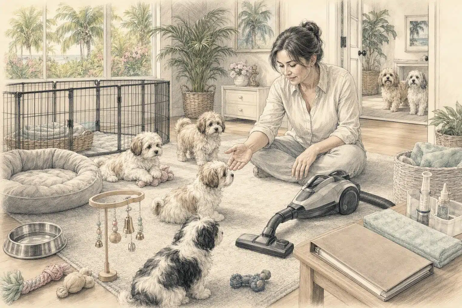 Breeder introduces Havanese puppies to household sounds