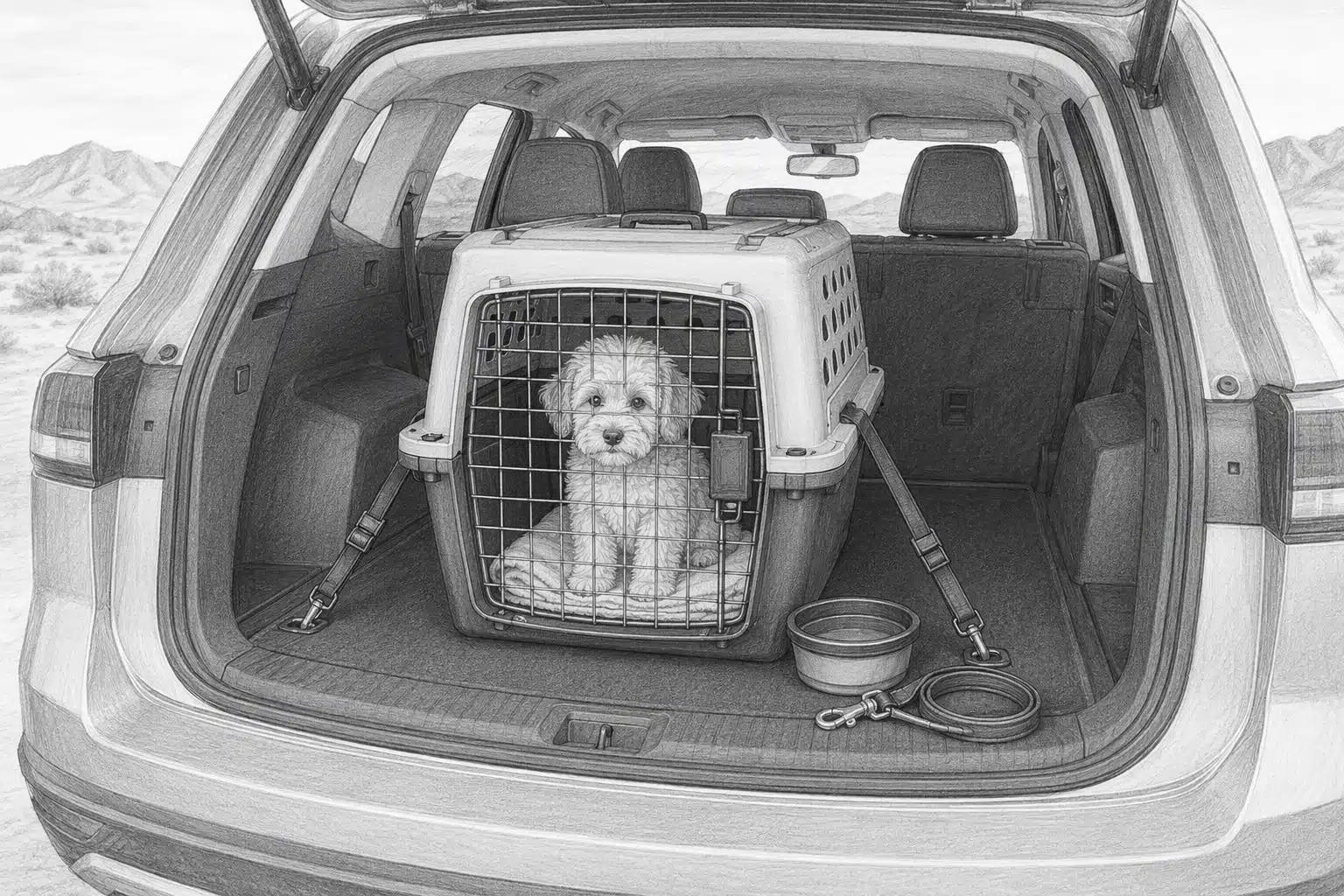 Secure puppy carrier in SUV with leash and water bowl