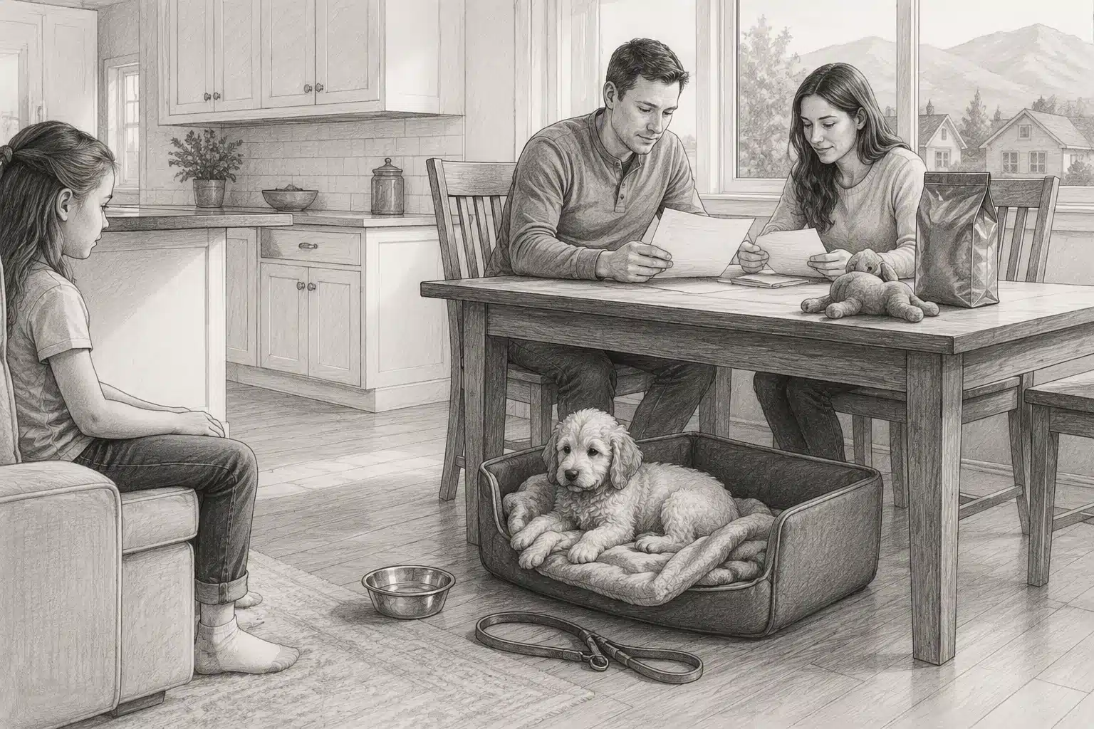 Family reviewing puppy records at a quiet kitchen table