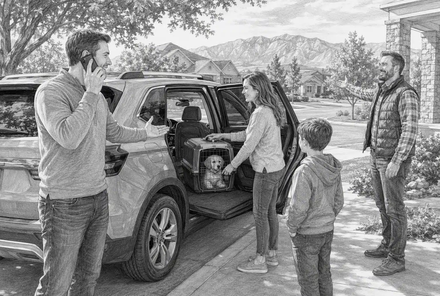Family picking up a new puppy in Nevada, loading a golden retriever puppy in a carrier into an SUV, with mountains in the background. First-time dog owners prepare for their new pet.