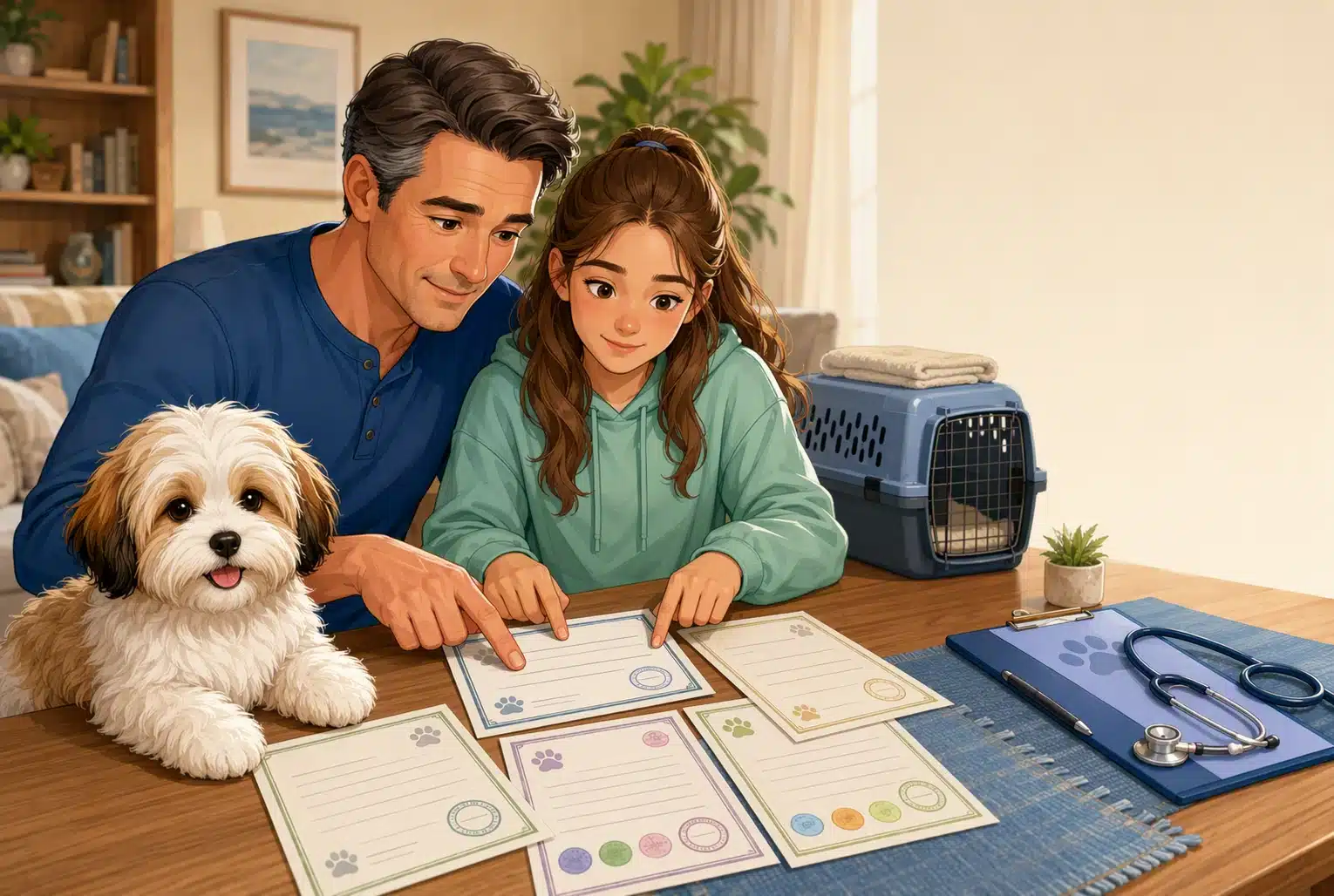 Illustration of an adult and child reviewing papers at a table beside a small dog and a pet carrier.