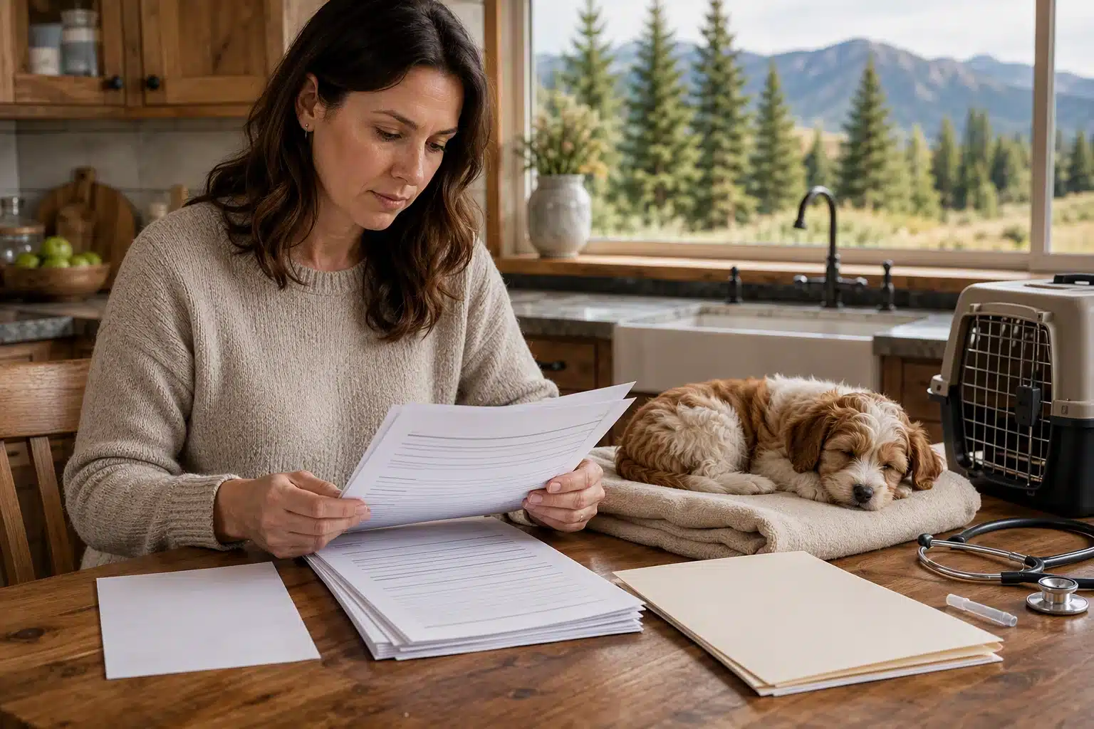 Breeder reviewing puppy health contract with sleeping pup