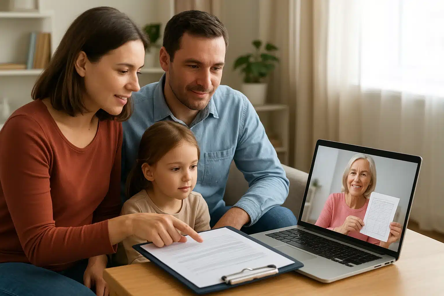 Family reviewing puppy health records via video call