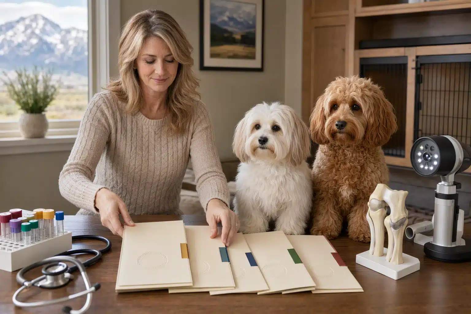 Breeder reviewing parent health records beside Havanese and Cavapoo