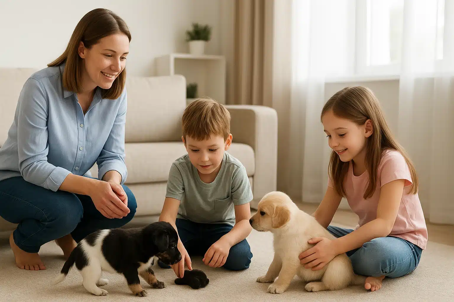 Breeder evaluates puppy fit with family in warm home setting