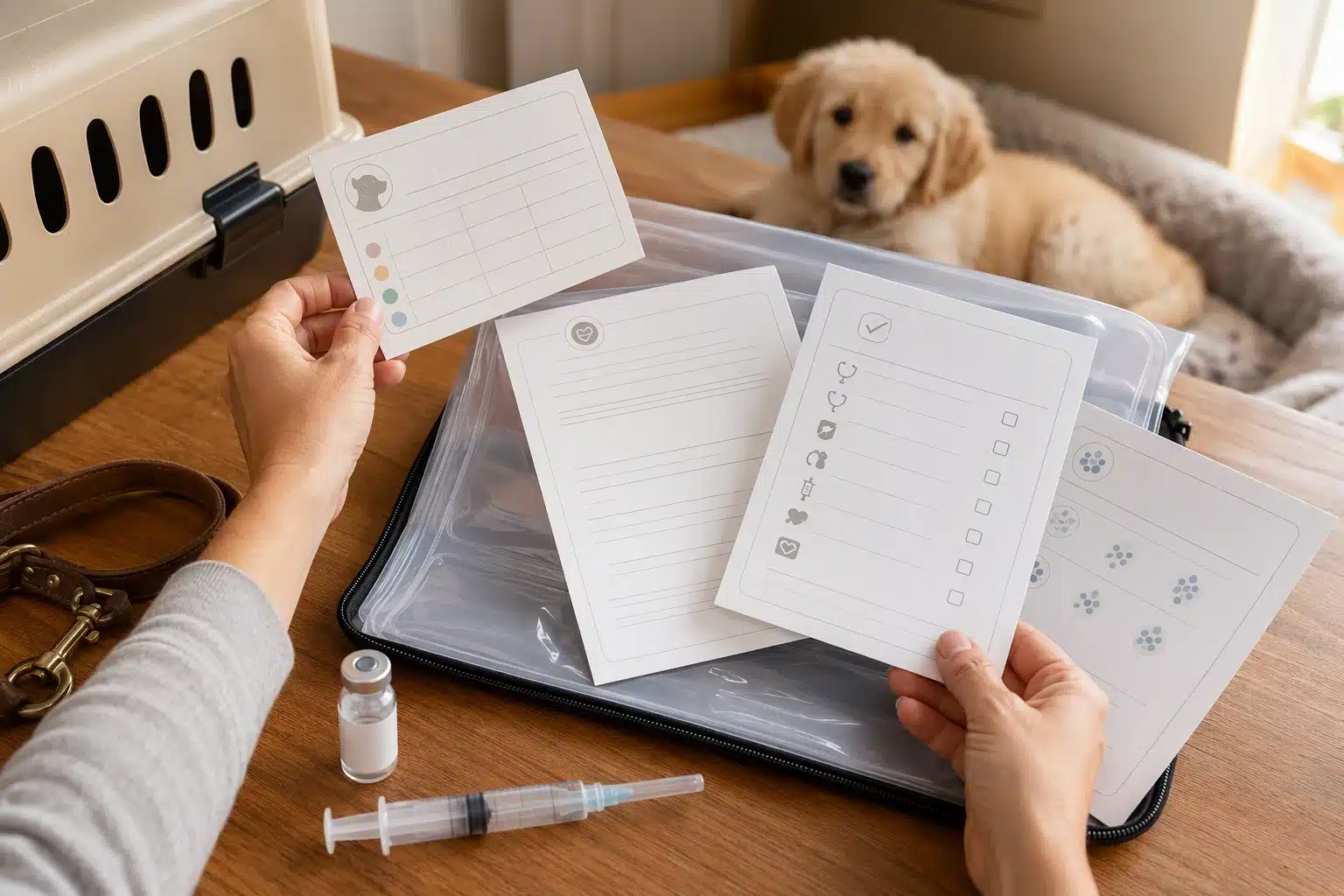 Hands reviewing puppy health documents in travel folder