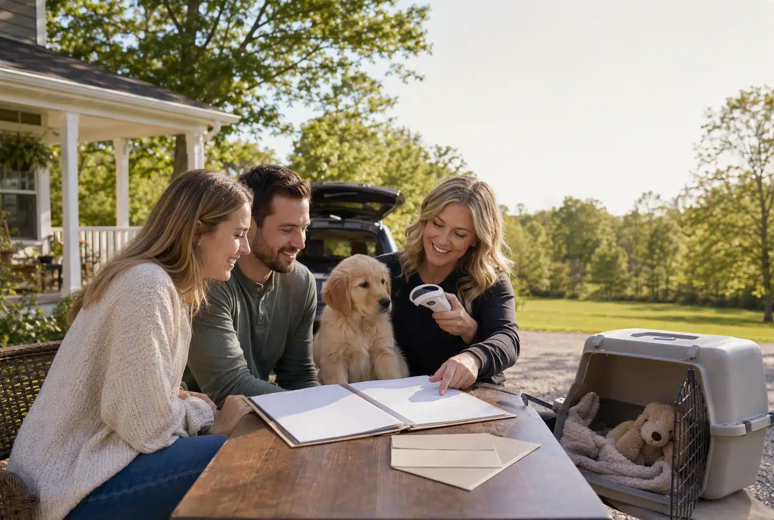 Generated scene of two adults reviewing an open binder with another adult holding a small handheld device beside a puppy and an open carrier outdoors