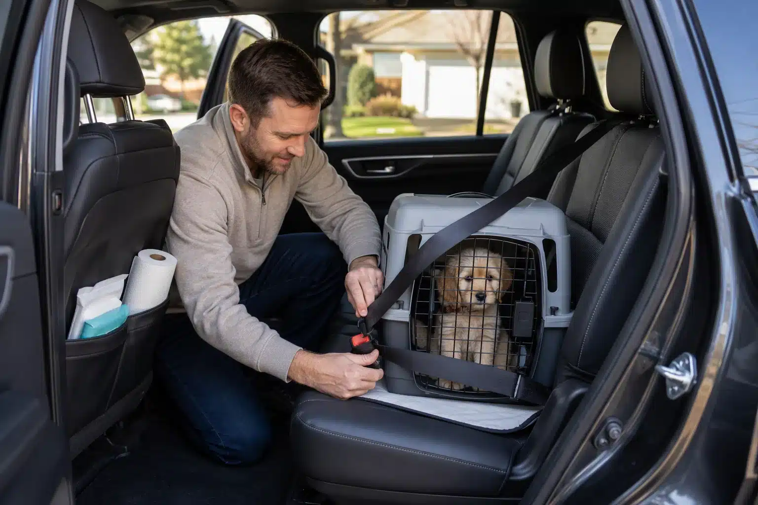 Parent secures puppy carrier in SUV seat