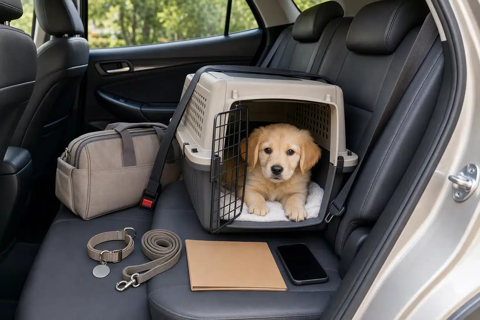 Puppy secured in car carrier beside travel essentials