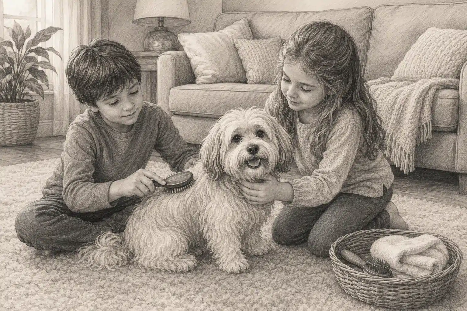 Children brush a Havanese beside a family sofa