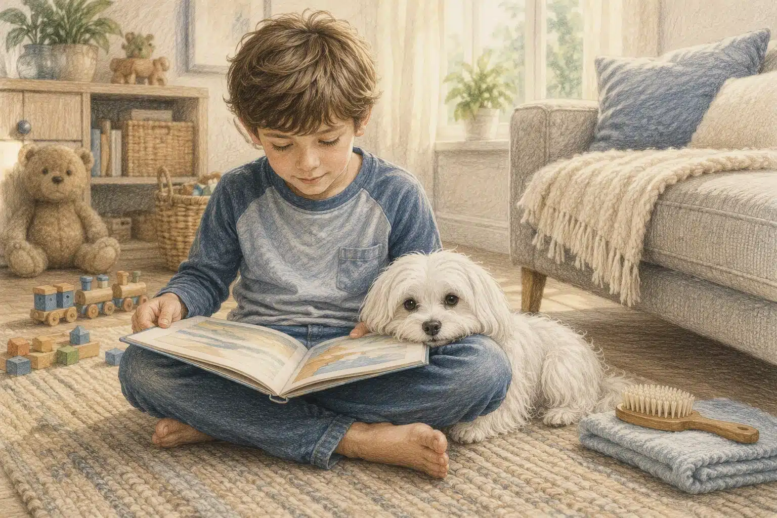 Child reading beside a Maltese on a cozy rug