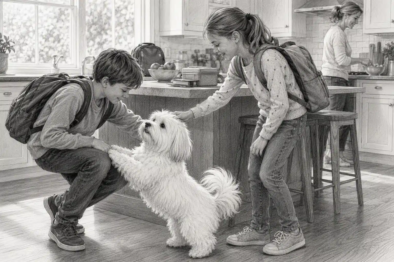 Coton de Tulear greeting children in a lively family kitchen