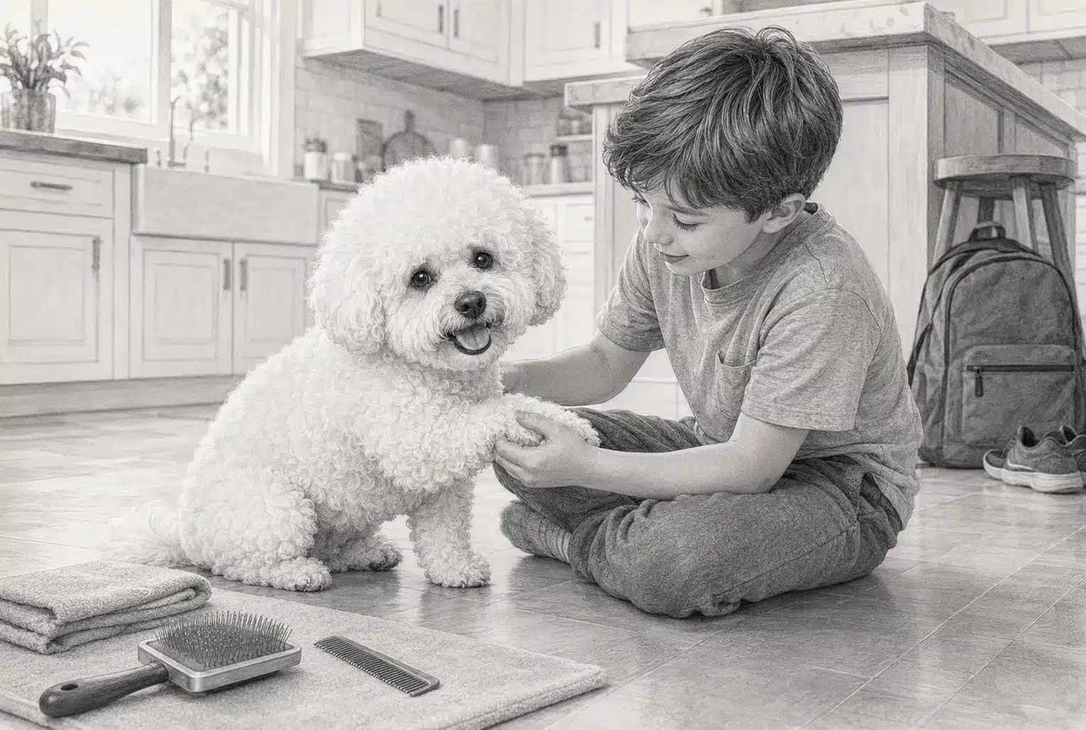 Child and Bichon Frise bonding during gentle paw handling in kitchen