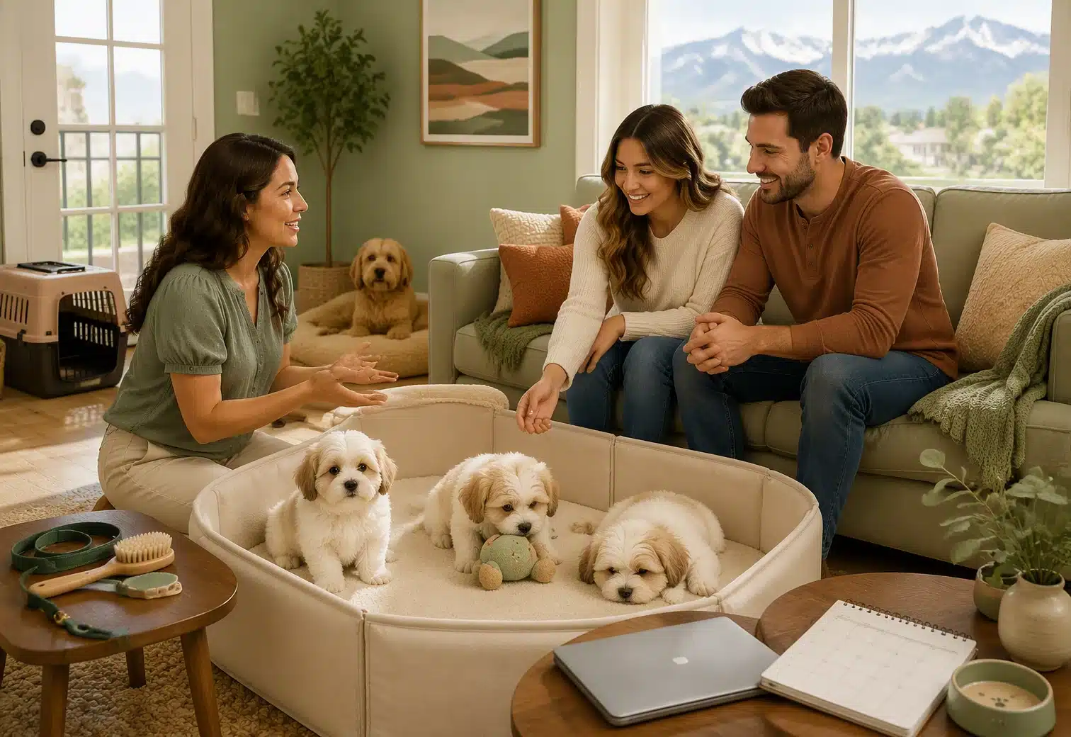 Couple consulting breeder on Havanese puppy temperament fit