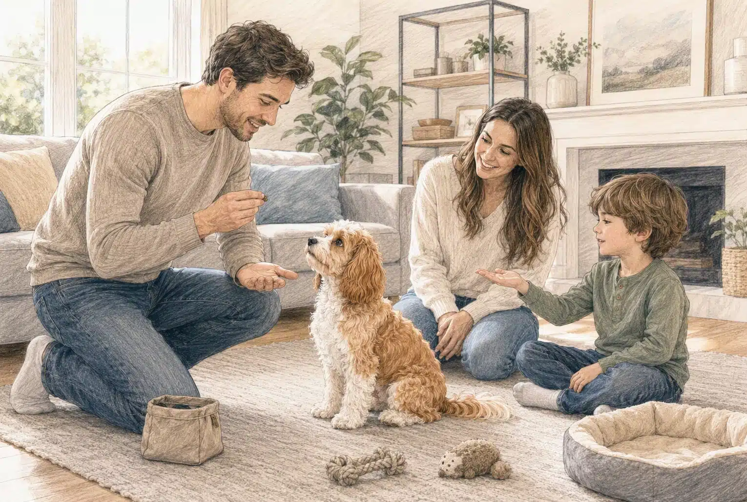 A young family training their Cavapoo