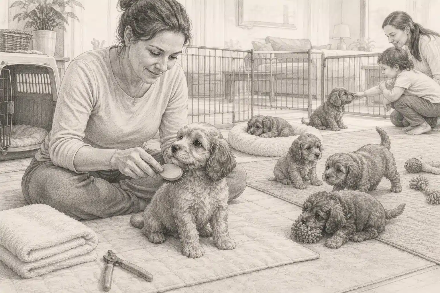 Breeder brushing Cavapoo puppy in nursery