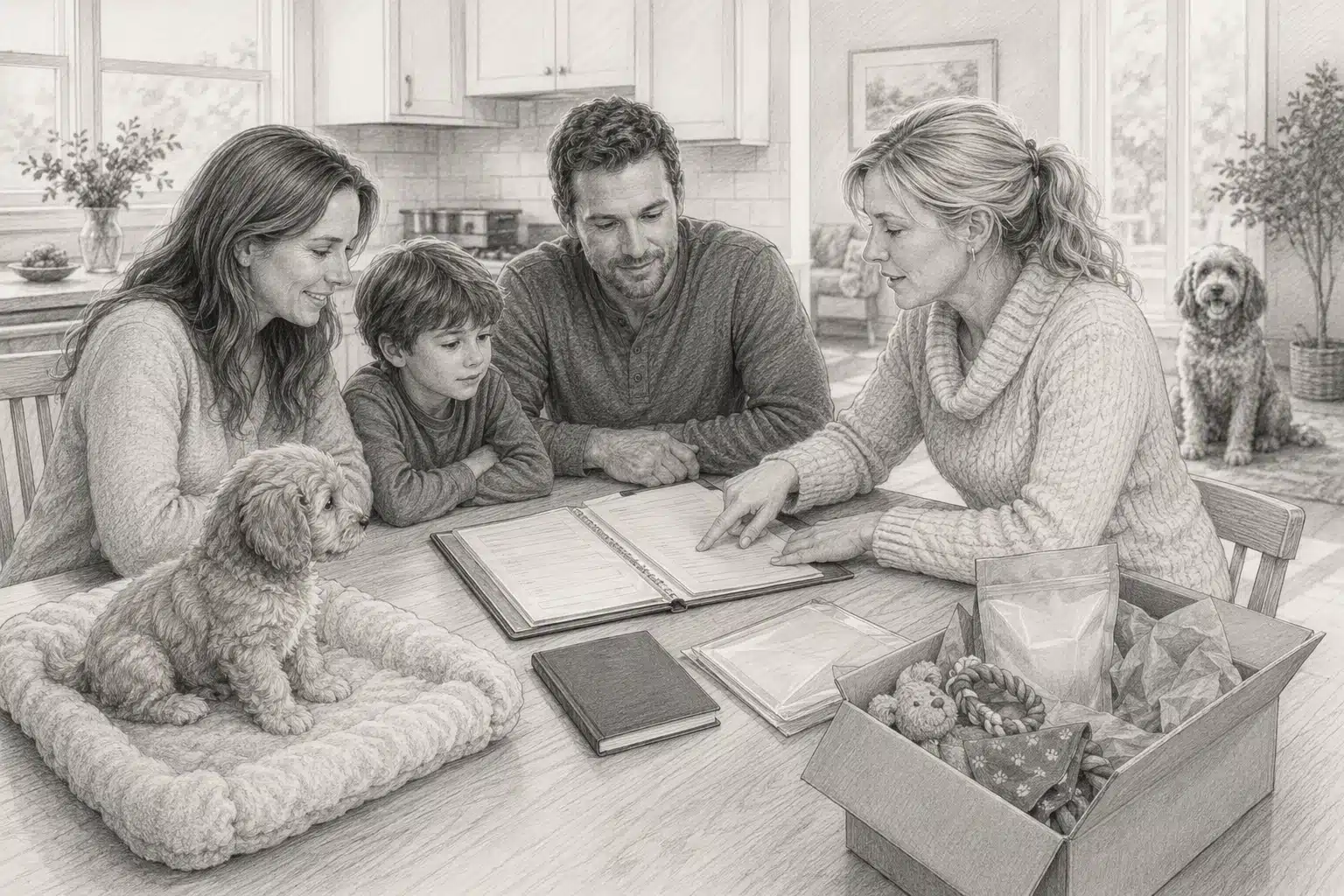 Family reviewing Cavapoo health records together