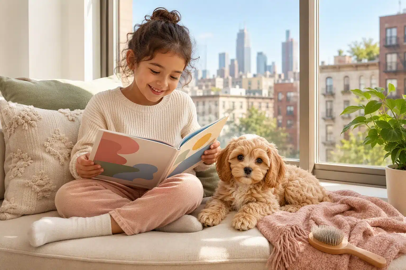 Cavapoo puppy snuggles beside child reading by sunlit apartment window