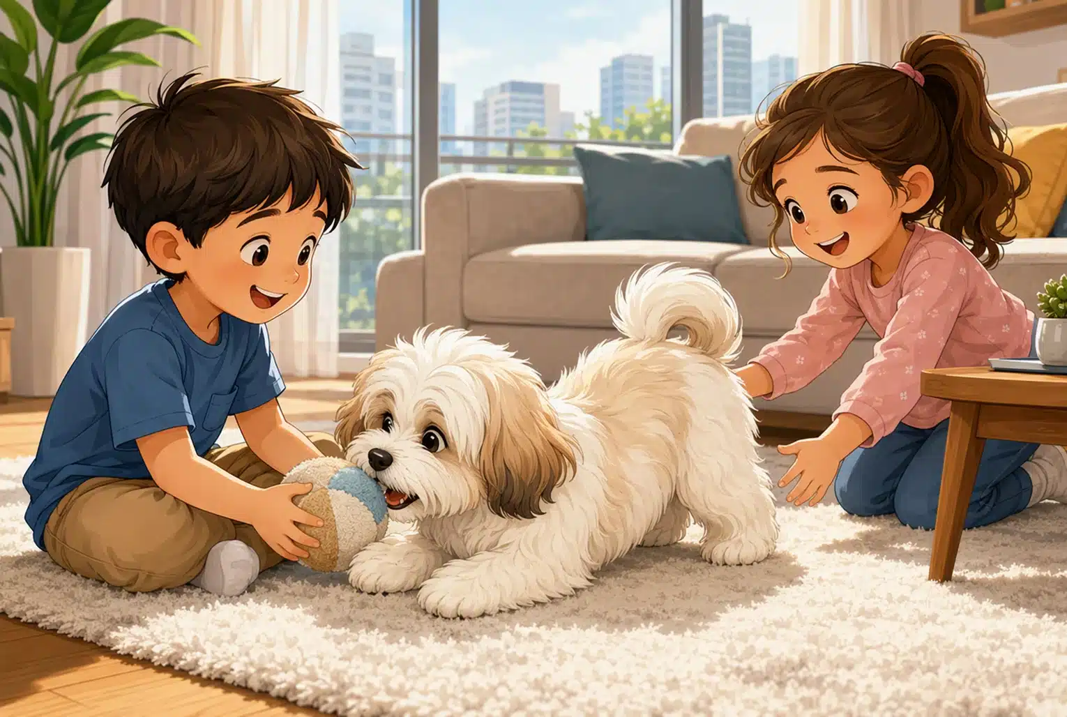 Havanese puppy playing with children on a cozy living room rug