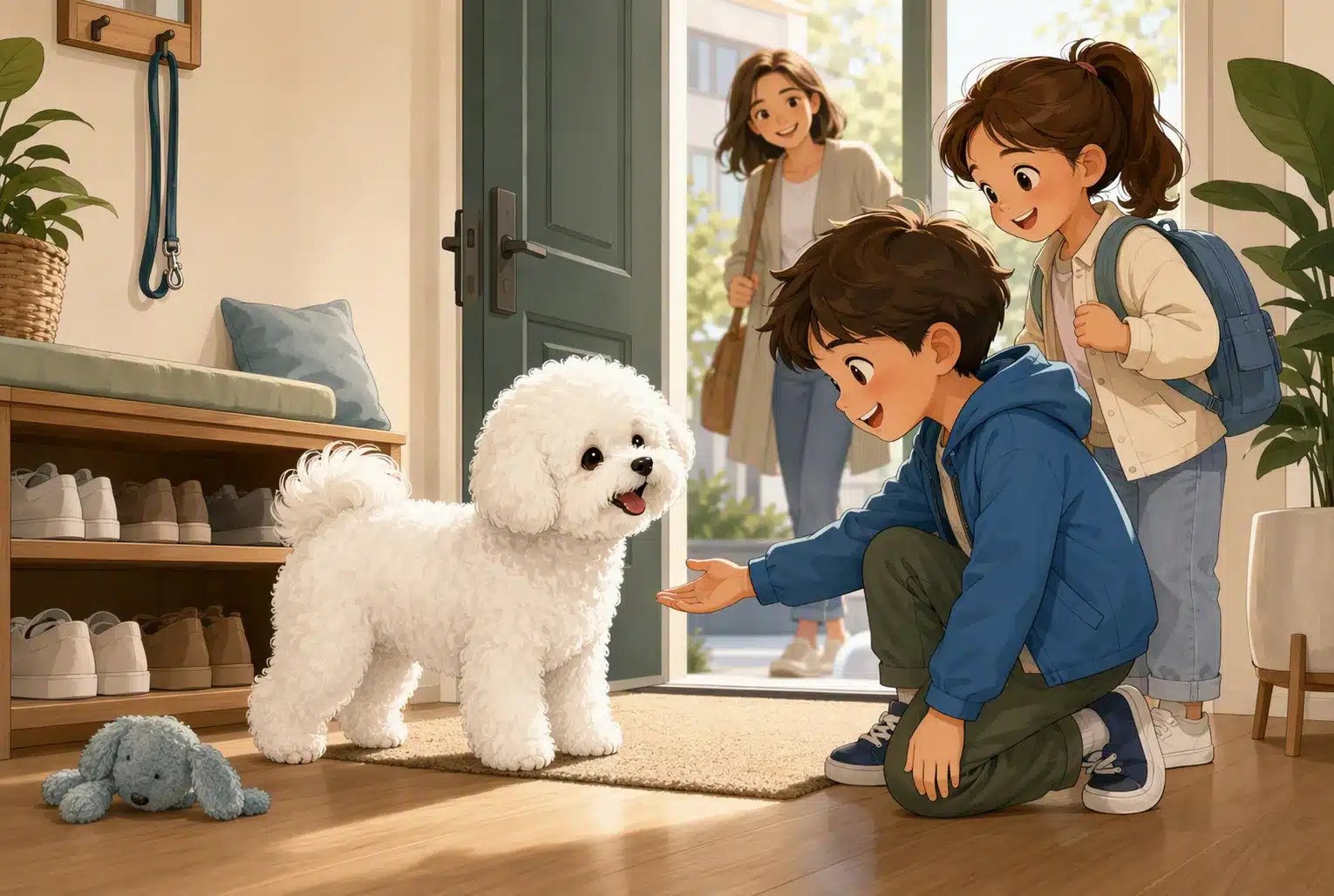 Fluffy Bichon Frise greets children at door