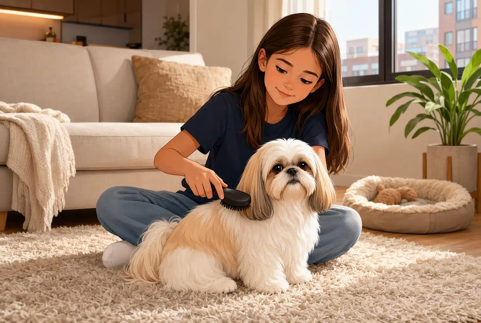 Shih Tzu puppy brushed by a child