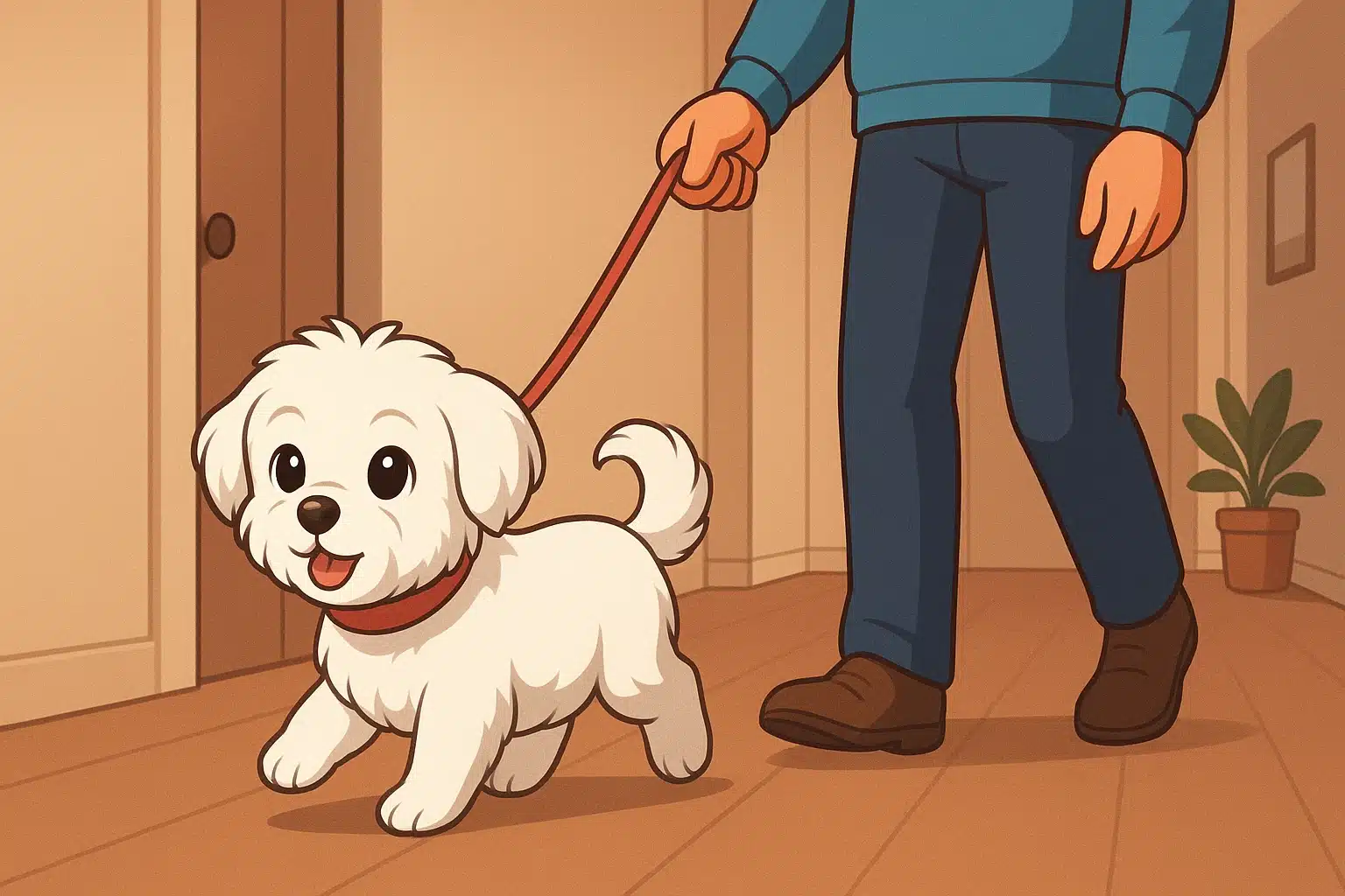 Maltese puppy strolls beside owner in cozy apartment hallway