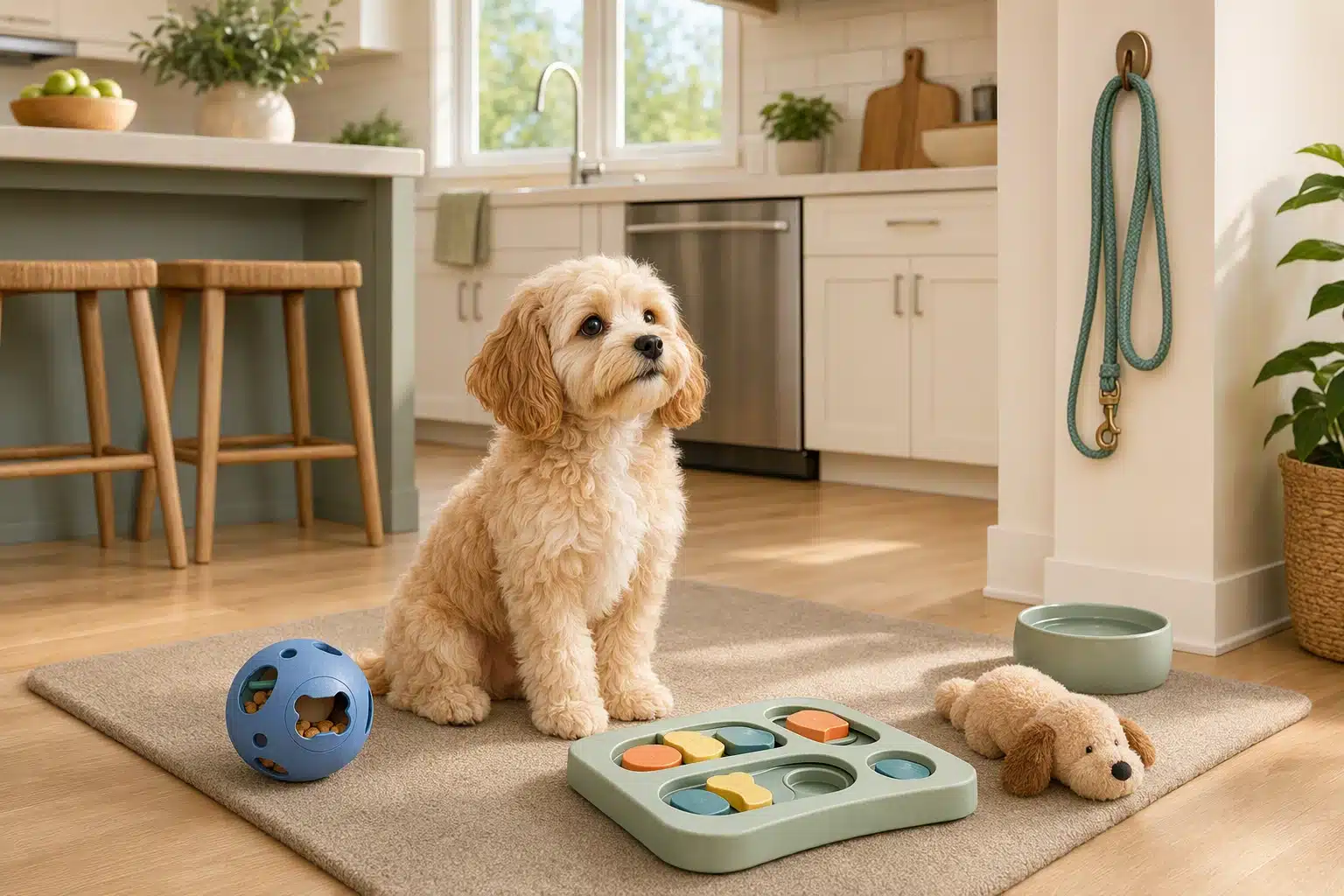 Havapoo puppy sitting beside puzzle toys in a bright kitchen