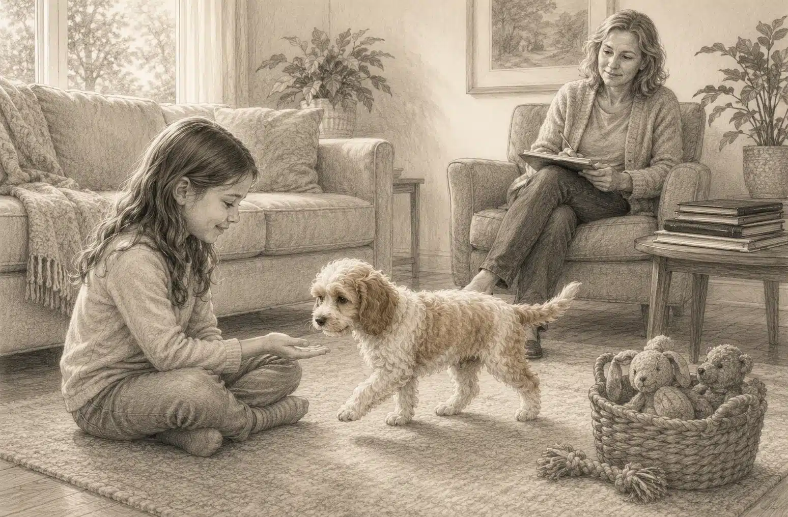 Cavapoo puppy calmly interacts with child in quiet living room setting