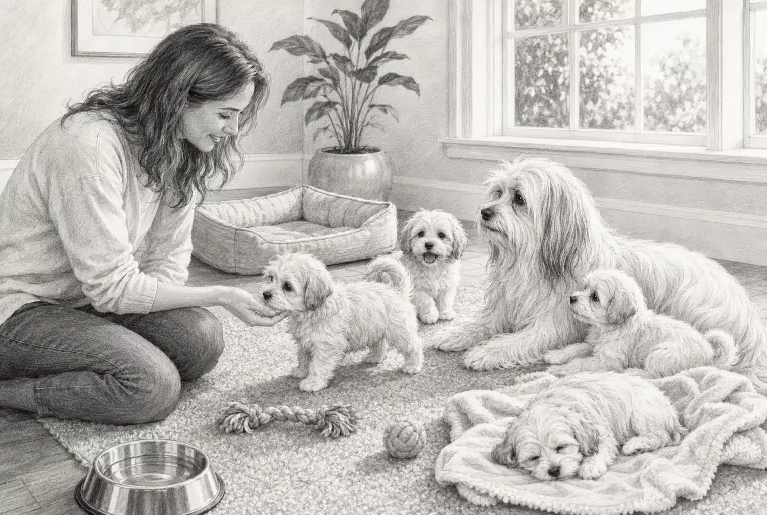 Mother Havanese with playful litter in a bright home setting