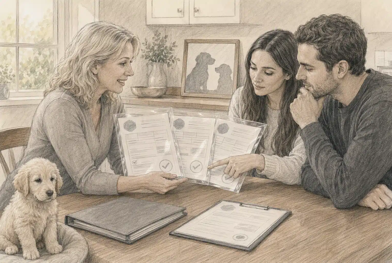 Breeder shares puppy parent health records at kitchen table