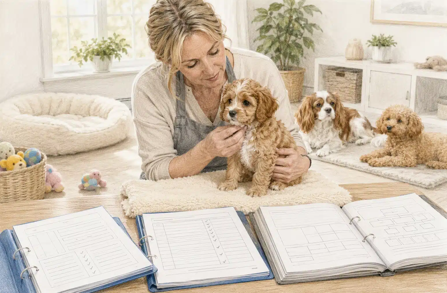 Breeder reviewing Cavapoo health records with puppy
