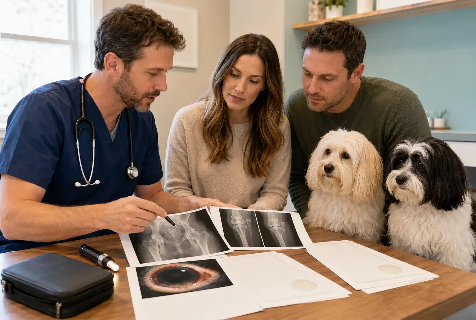 Veterinarian reviewing Havanese parent health certificates with family