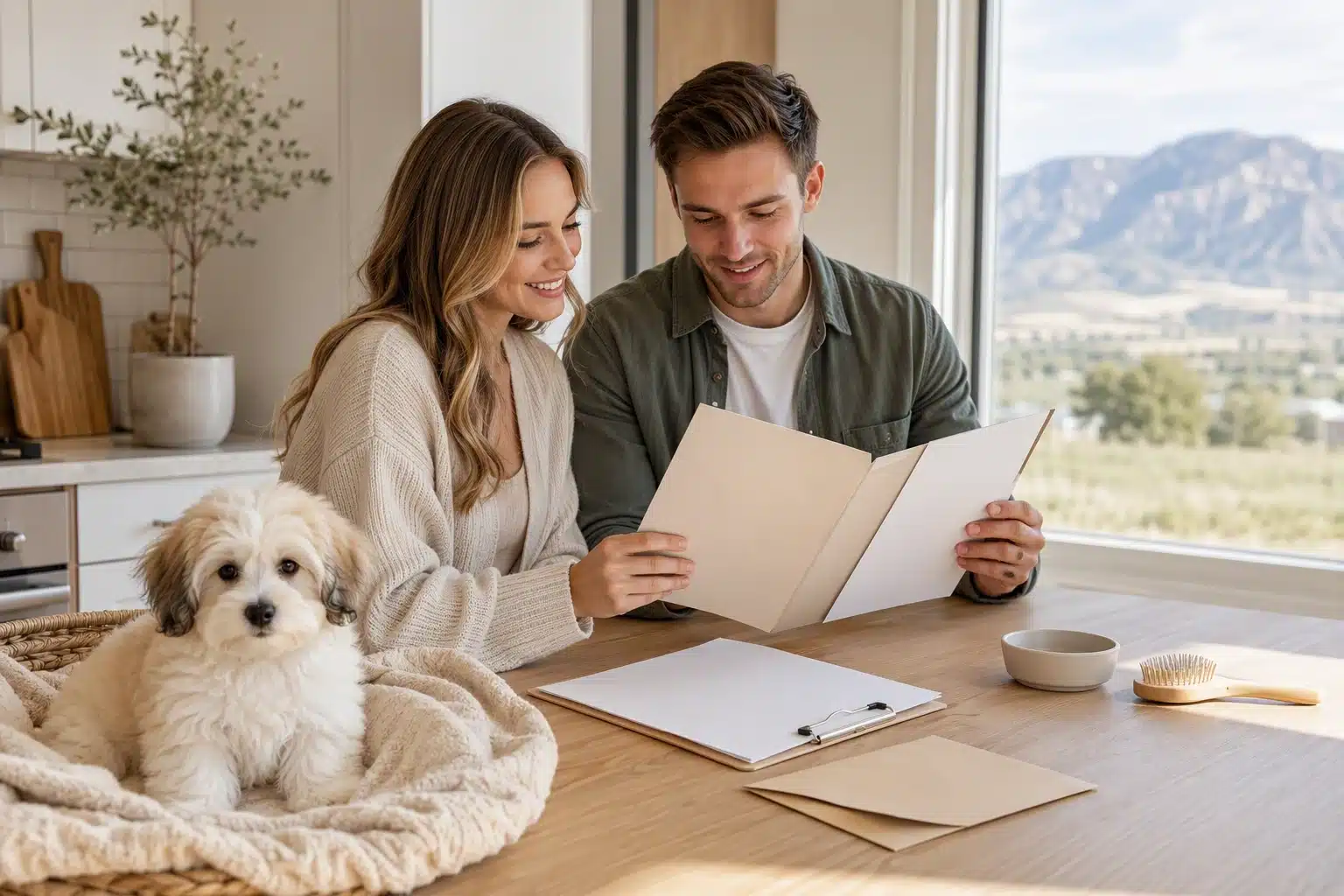 Parents reviewing puppy paperwork at a sunlit kitchen table