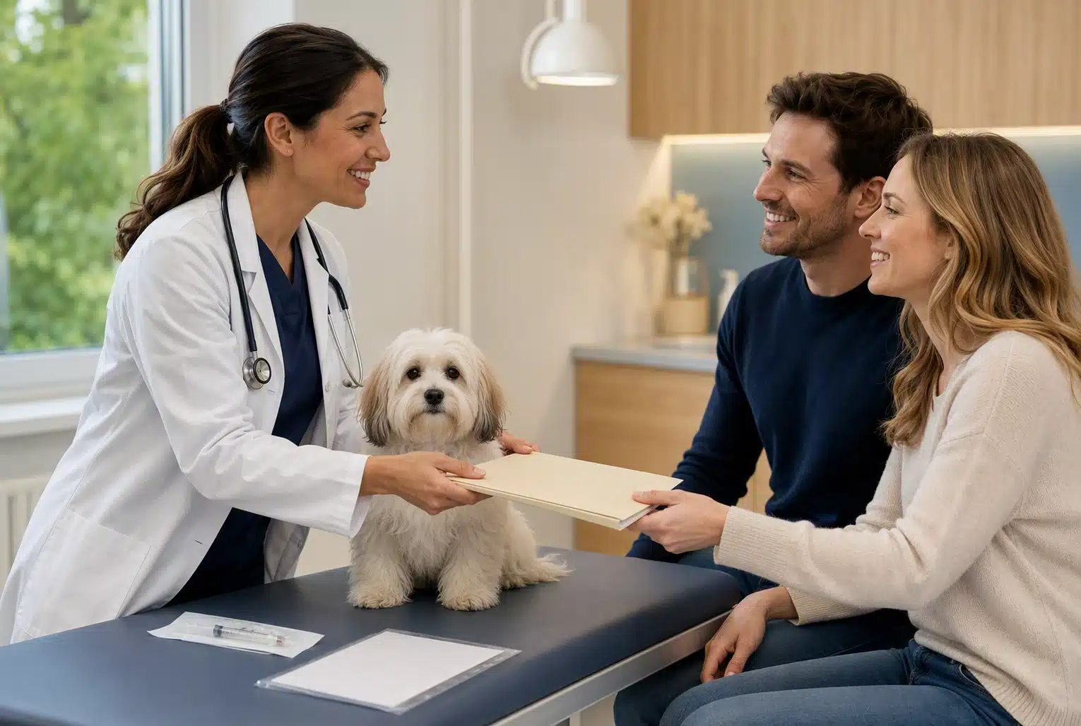 Veterinarian presenting puppy medical records to owners