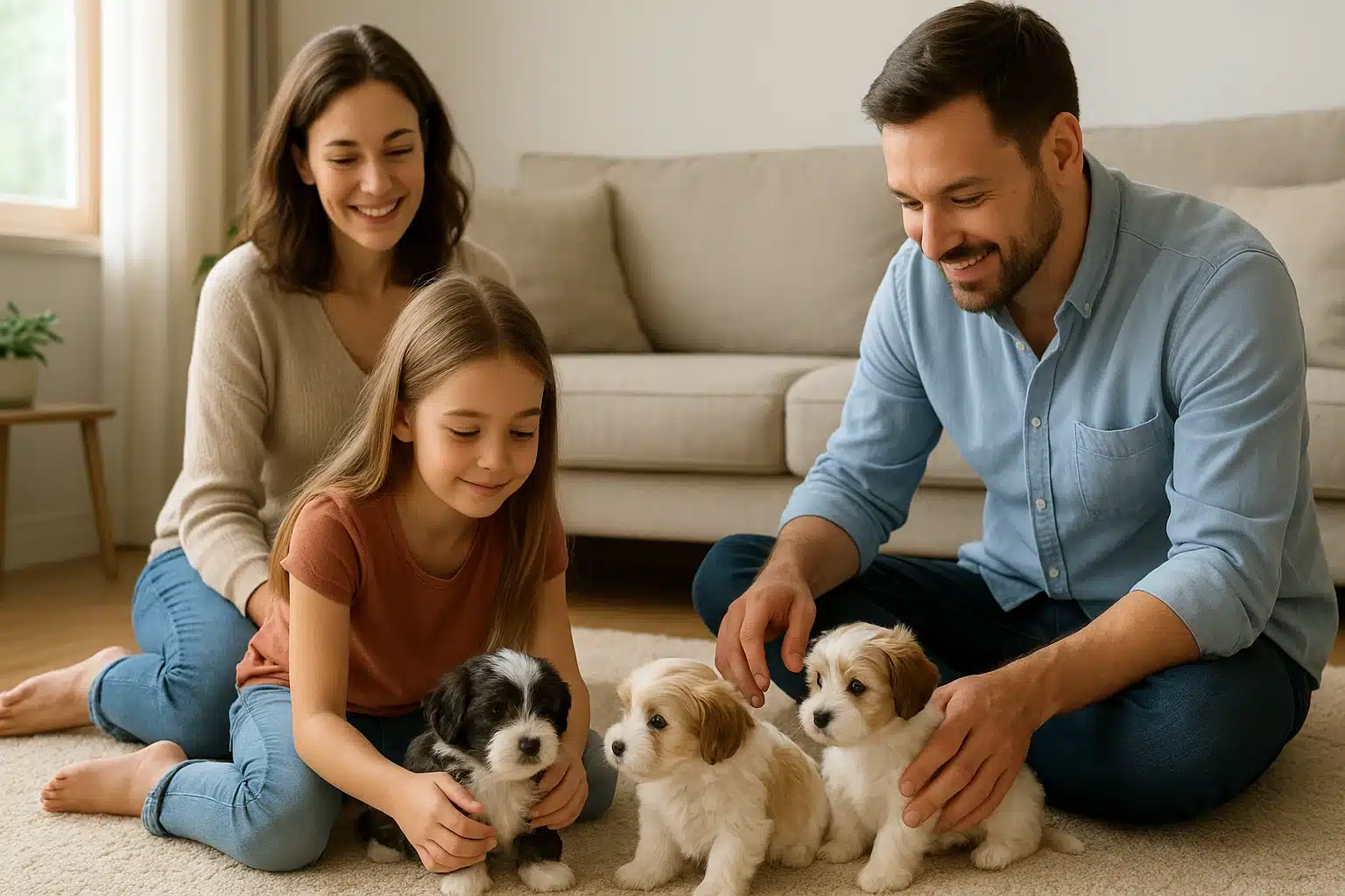 Havanese puppies socialized with gentle family handling indoors